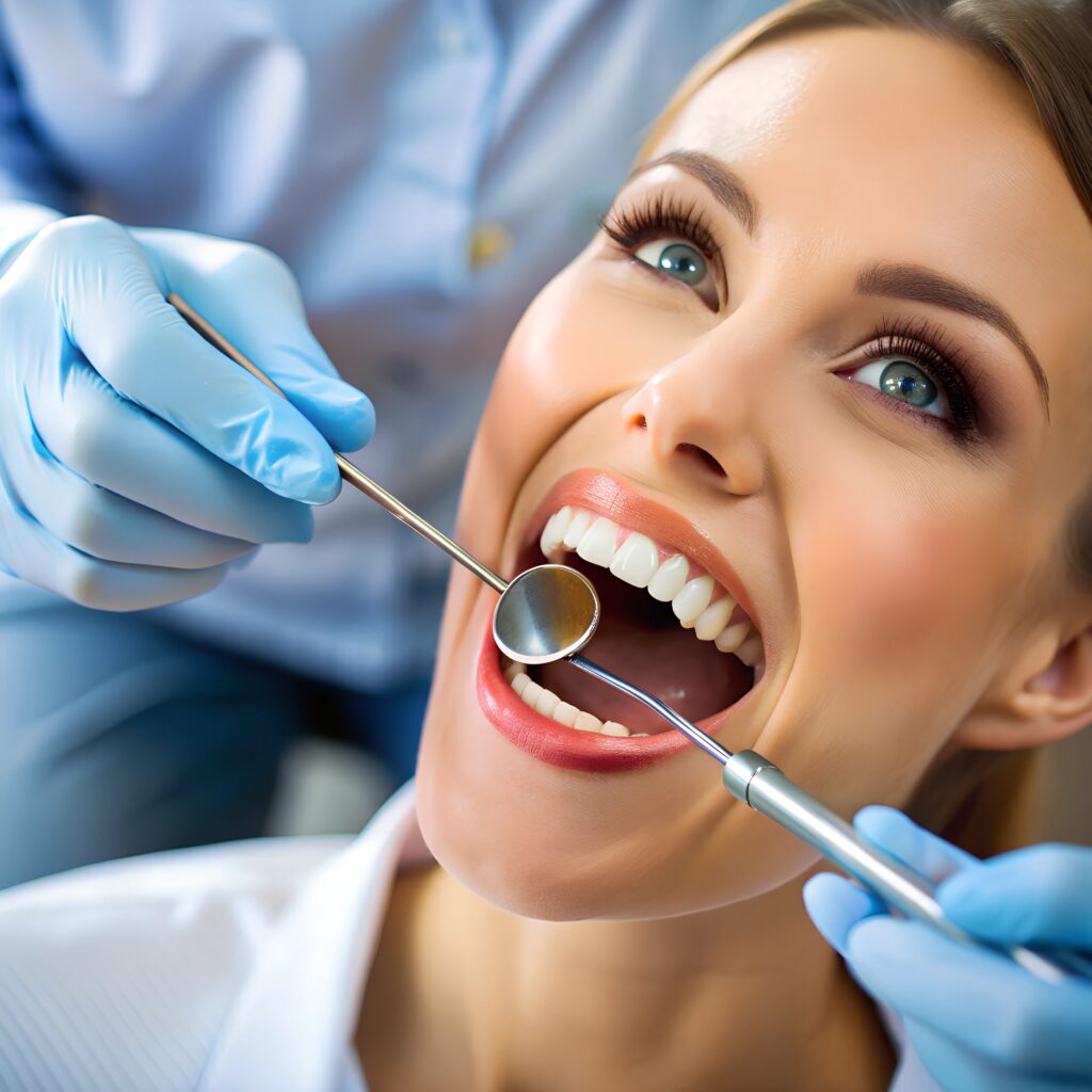 Close-up of dentist uses angled mirror during dental procedure.